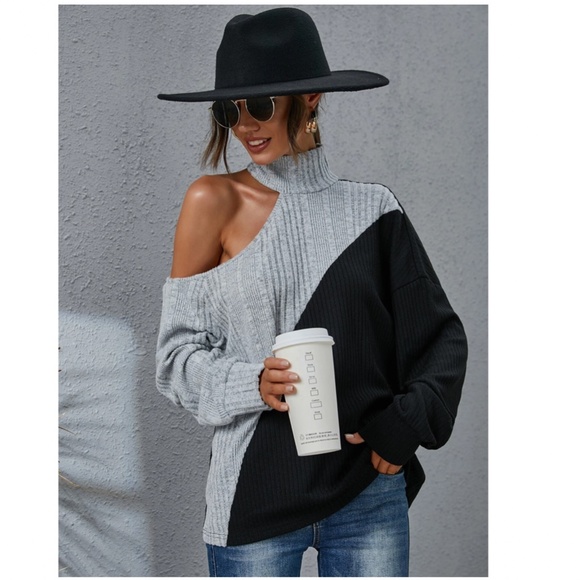 Colorblock Grey and Black Long Sleeve Tee Shirt Rib Knit Cut Out One Shoulder - Picture 5 of 9